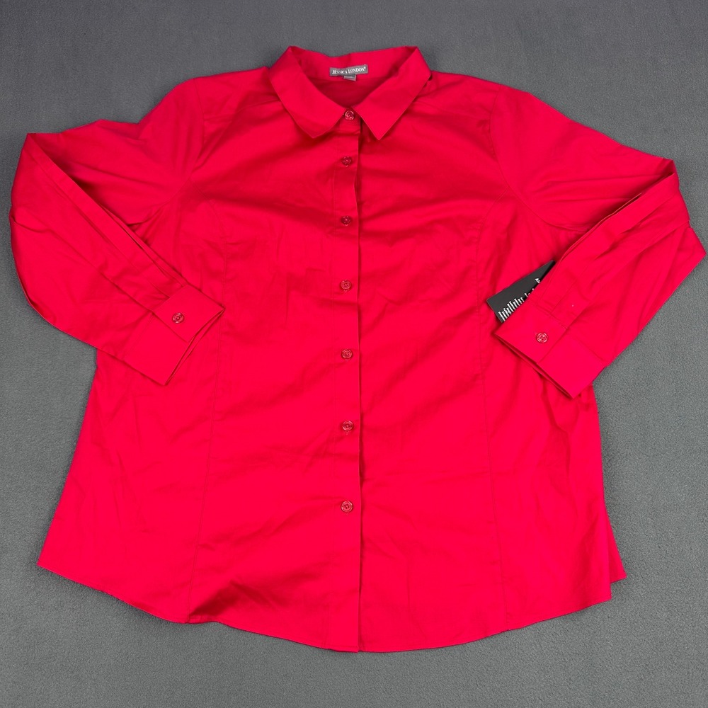 Jessica London Womens 22W Red Cotton Stretch Button Down Shirt Long Sleeve Top